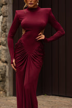 High-Neck  Waist Cut-Out  Ruched Maxi Dress