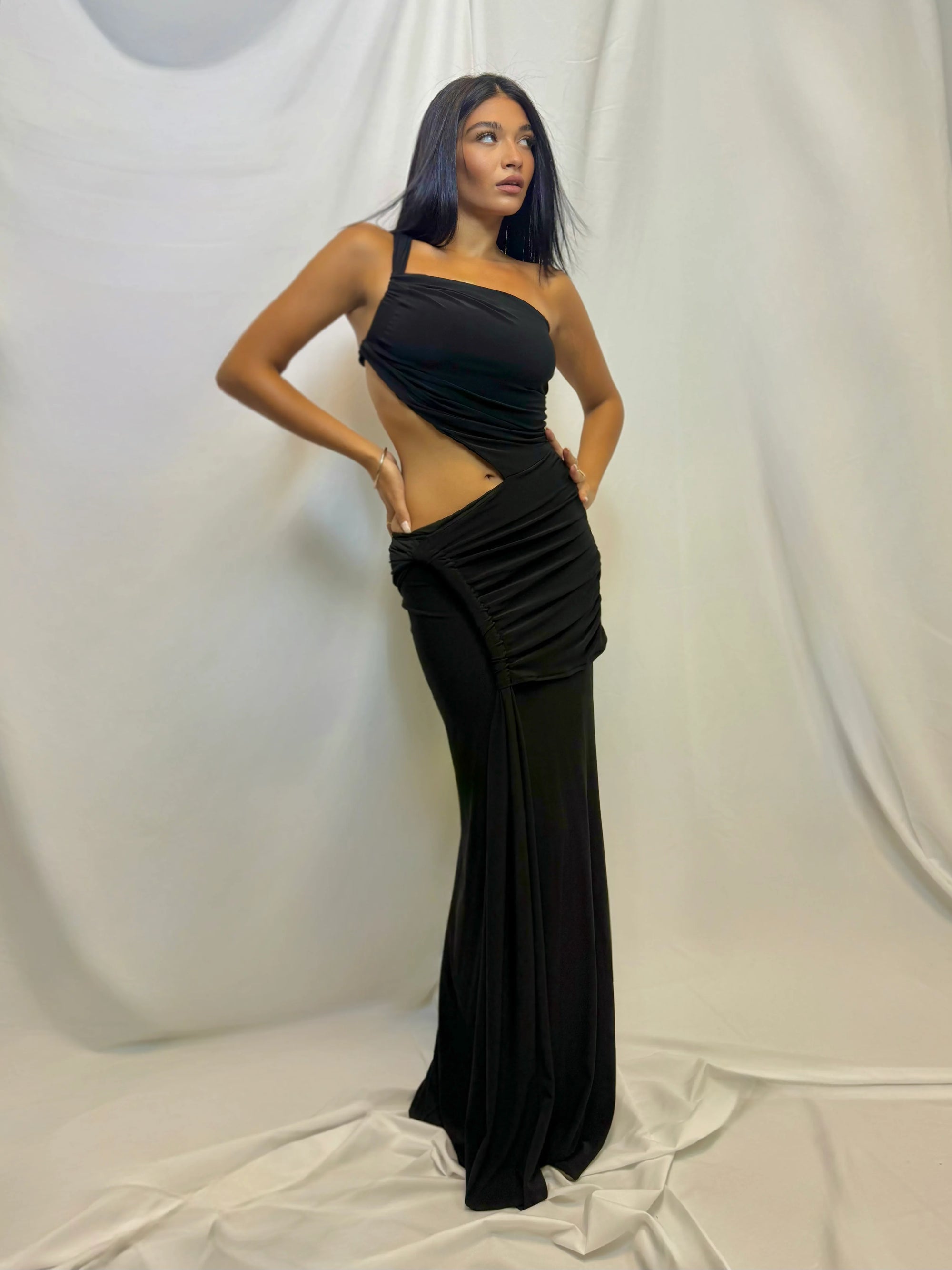 One-Shoulder Cutout Ruched Twist Bodycon Dress