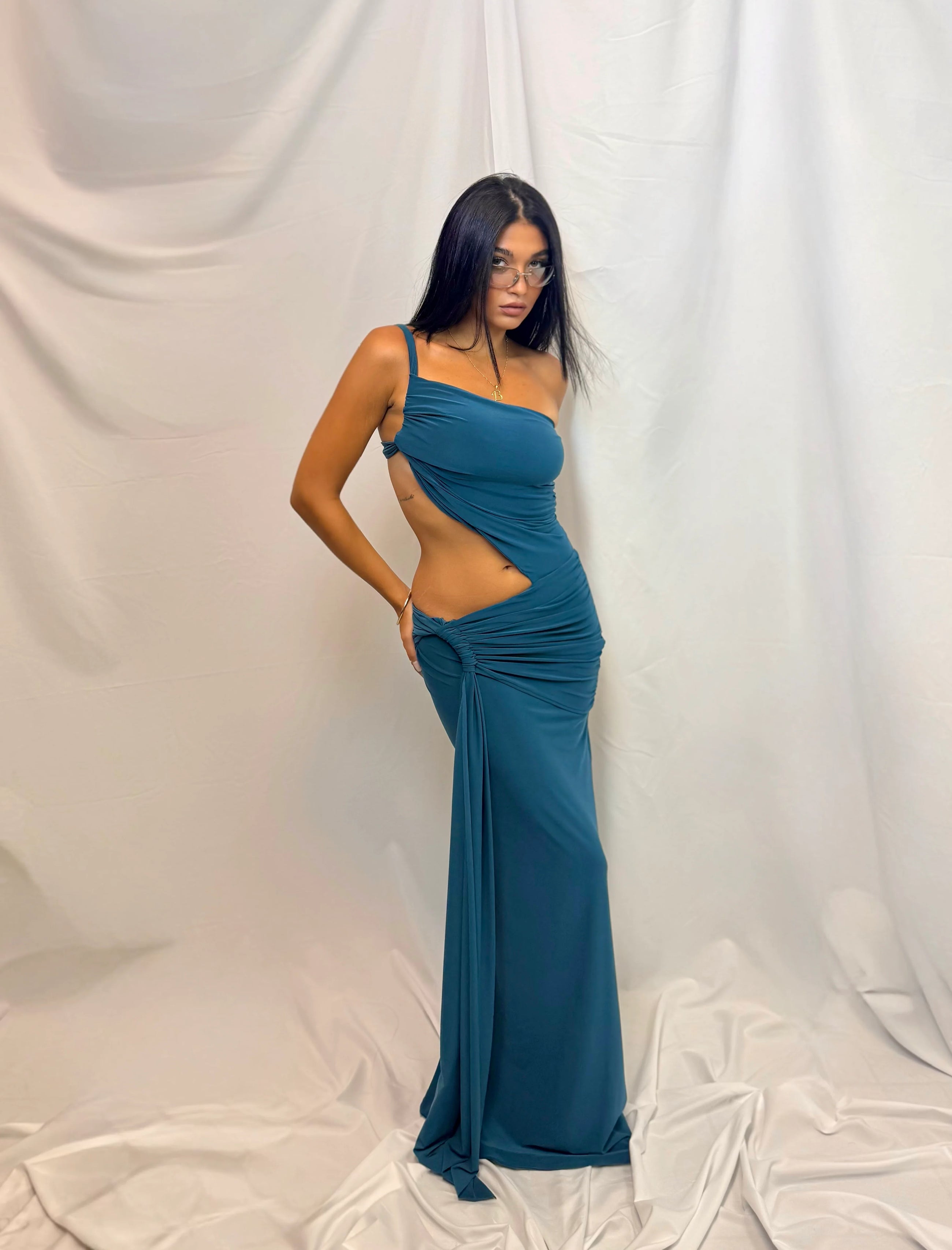 One-Shoulder Cutout Ruched Twist Bodycon Dress