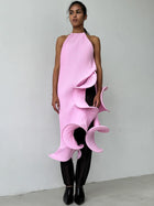 Sleeveless Pleated Tie-Hem Horsehair-Trim Pink Dress