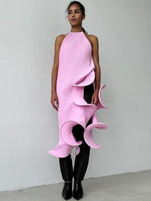 Sleeveless Pleated Tie-Hem Horsehair-Trim Pink Dress