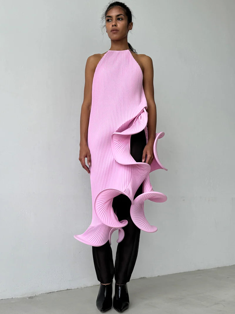 Sleeveless Pleated Tie-Hem Horsehair-Trim Pink Dress