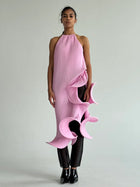 Sleeveless Pleated Tie-Hem Horsehair-Trim Pink Dress