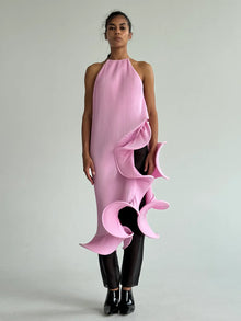 Sleeveless Pleated Tie-Hem Horsehair-Trim Pink Dress