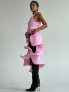 Sleeveless Pleated Tie-Hem Horsehair-Trim Pink Dress