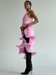 Sleeveless Pleated Tie-Hem Horsehair-Trim Pink Dress