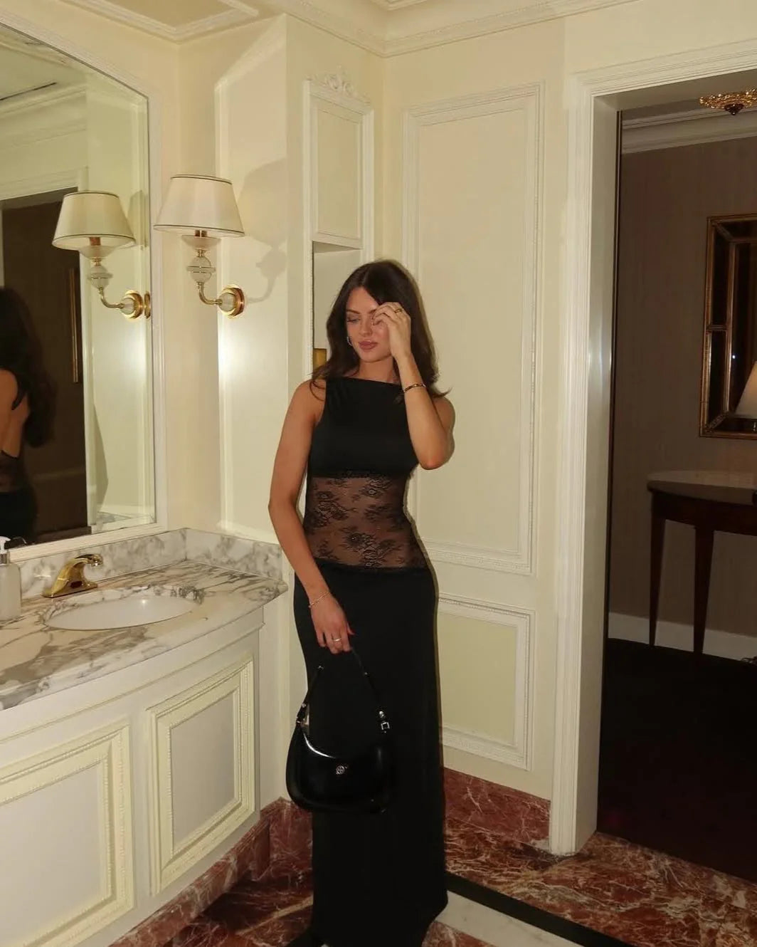 Boat Neck Backless Lace-Contrast Sleeveless Dress