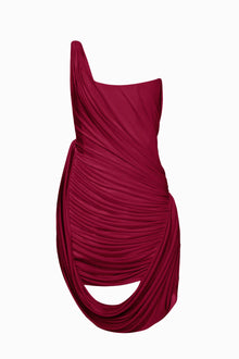 One-Shoulder Bandeau-Style Ruched Mini Red Evening Dress
