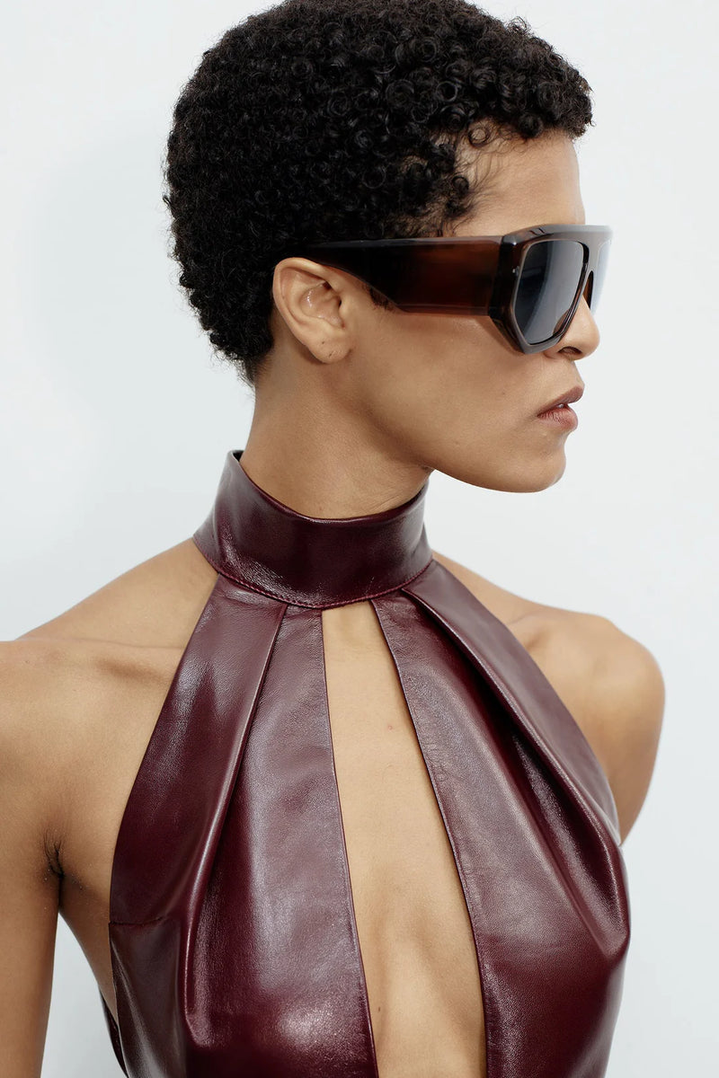 High Neck Sleeveless Front Cut-Out Leather Dress