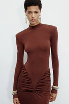 Mid-Neck Long-Sleeve Ruched Dress