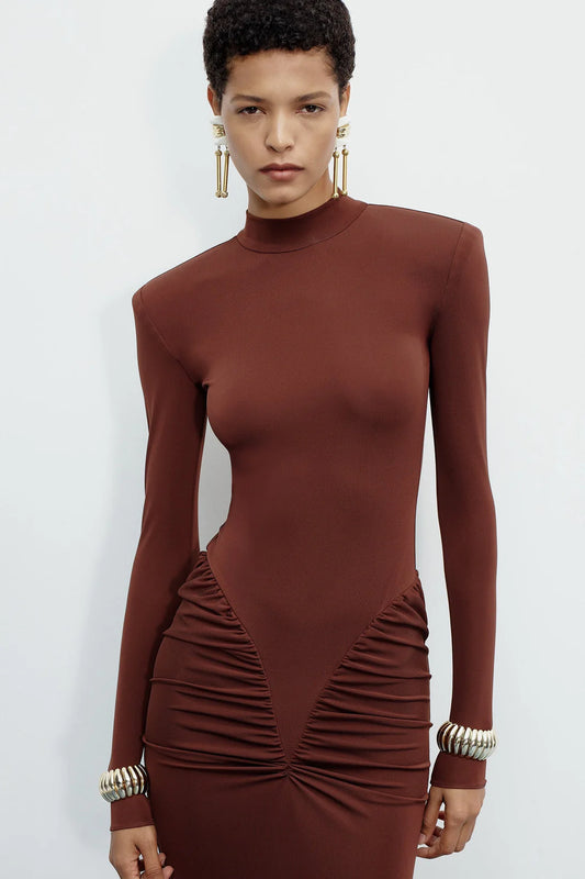 Mid-Neck Long-Sleeve Ruched Dress