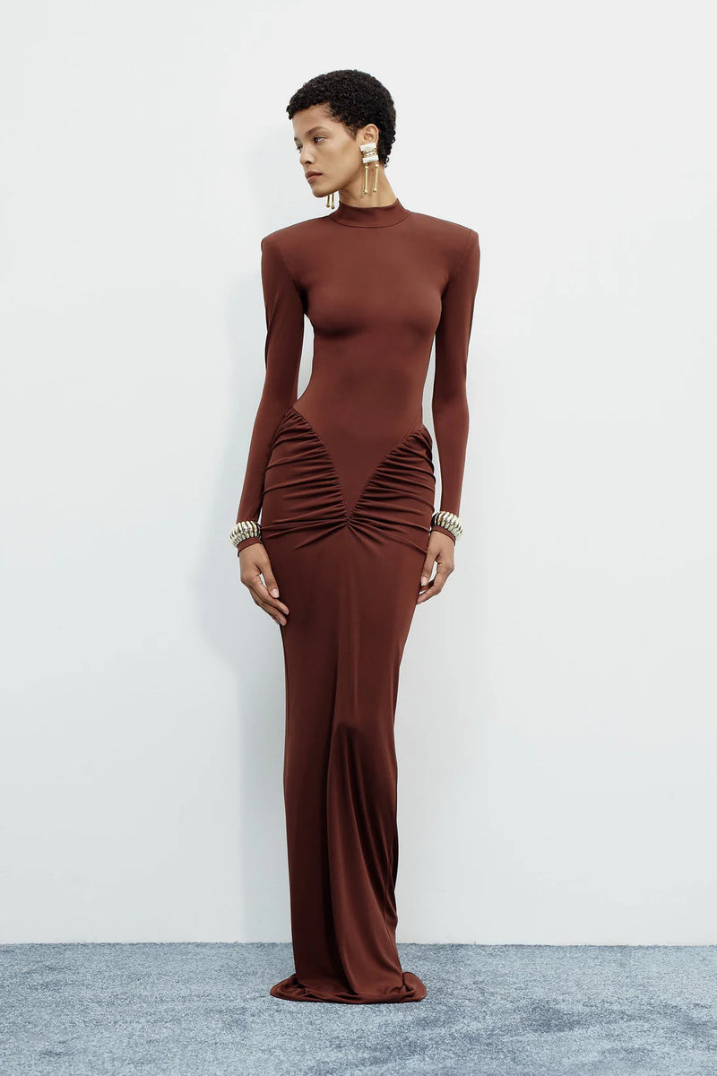Mid-Neck Long-Sleeve Ruched Dress