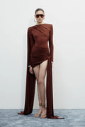 Long-Sleeve Crew Neck Shoulder-Padded Draped Caped Mini Dress