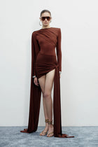 Long-Sleeve Crew Neck Shoulder-Padded Draped Caped Mini Dress