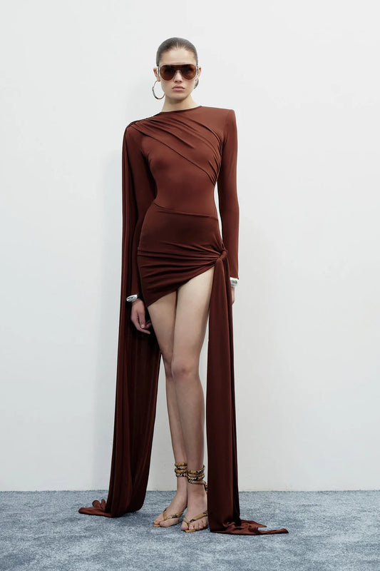 Long-Sleeve Crew Neck Shoulder-Padded Draped Caped Mini Dress
