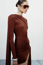 Long-Sleeve Crew Neck Shoulder-Padded Draped Caped Mini Dress