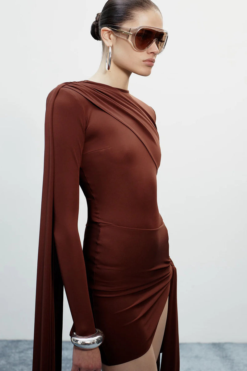 Long-Sleeve Crew Neck Shoulder-Padded Draped Caped Mini Dress