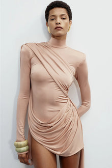 Mid-High Neck Wrap Style Long-Sleeve Mini Dress