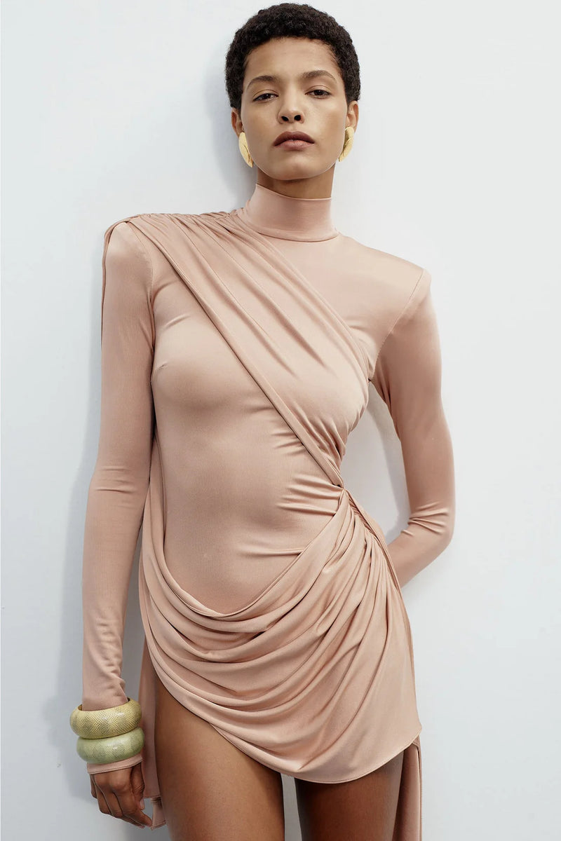 Mid-High Neck Wrap Style Long-Sleeve Mini Dress