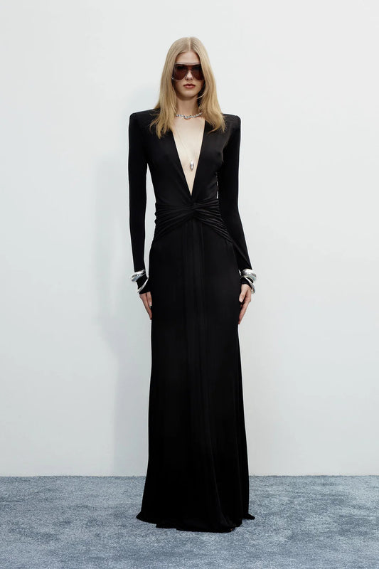 Deep V-Neck Long-Sleeve  Waist Ruches Dress