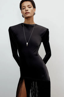 Boat Neck Long-Sleeve Satin-Paneled Tassel Dress