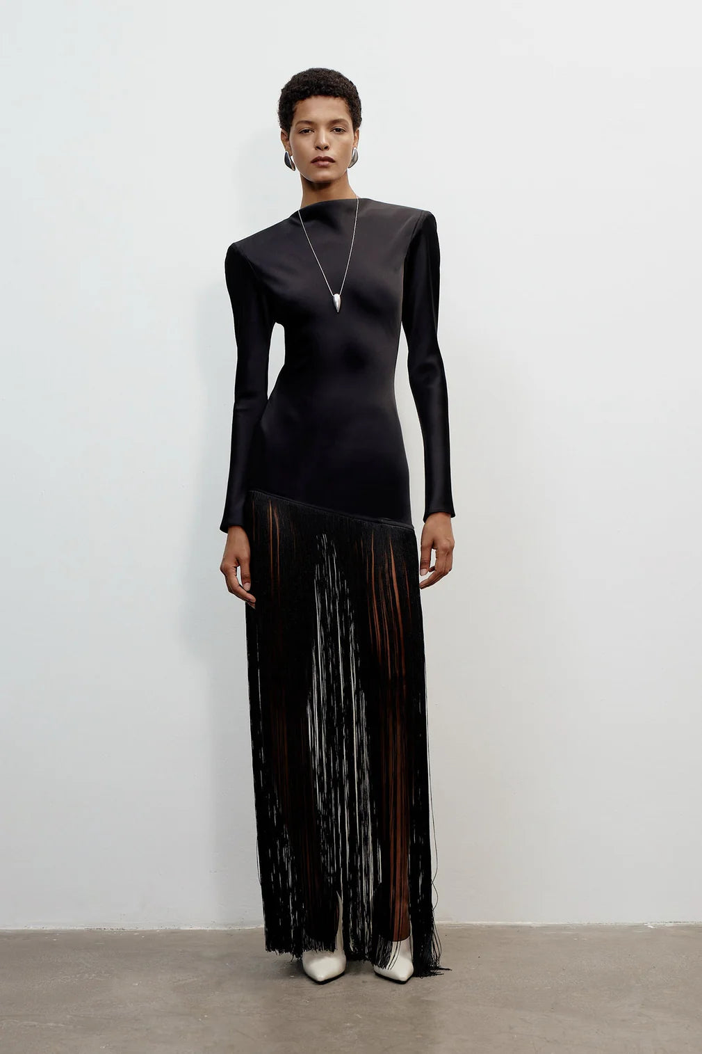 Boat Neck Long-Sleeve Satin-Paneled Tassel Dress