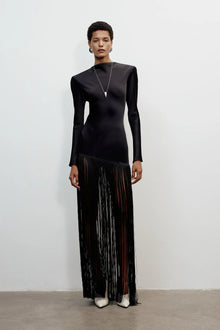 Boat Neck Long-Sleeve Satin-Paneled Tassel Dress