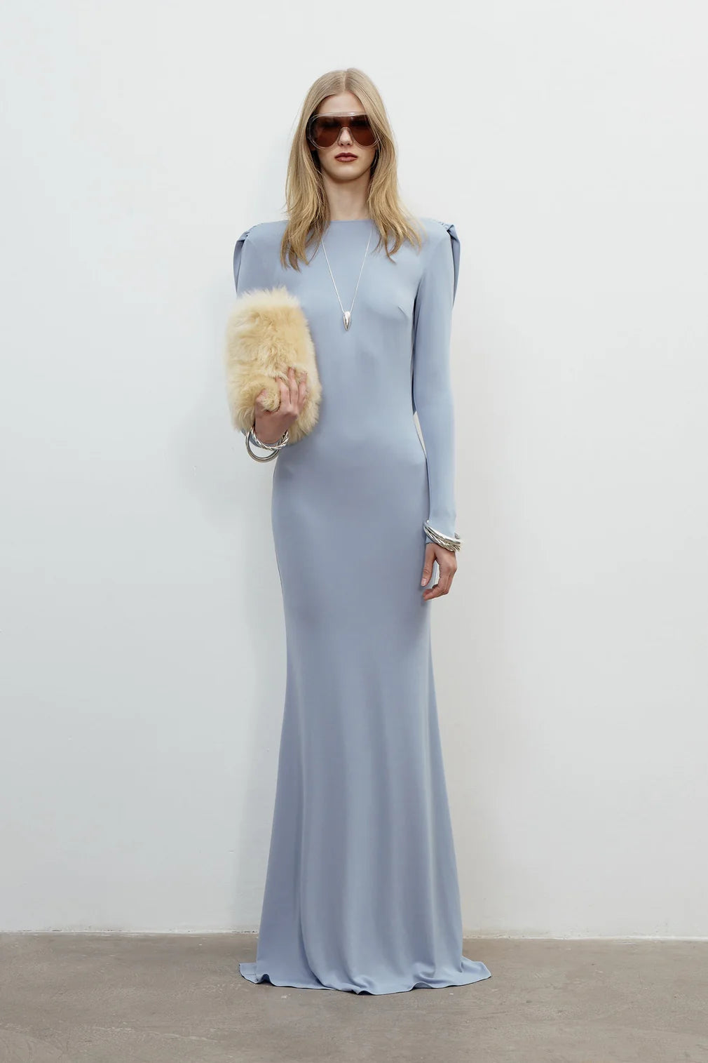 Long-Sleeve Shoulder-Deconstructed Backless Dress