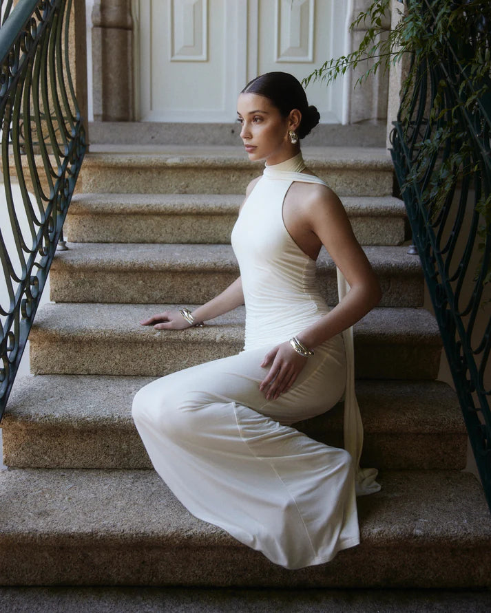 High-Neck Tank-Style Scarf-Detail Bodycon Dress