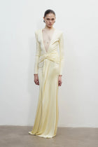 Deep V-Neck Long-Sleeve Waist Twist Draped Maxi Dress