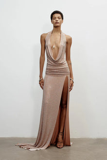 Choker-Style Deep V-Neck High-Slit Ruched Full-Crystal Dress