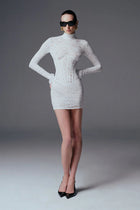 High-Neck Long-Sleeve Corset-Inspired Lace Mini Dress