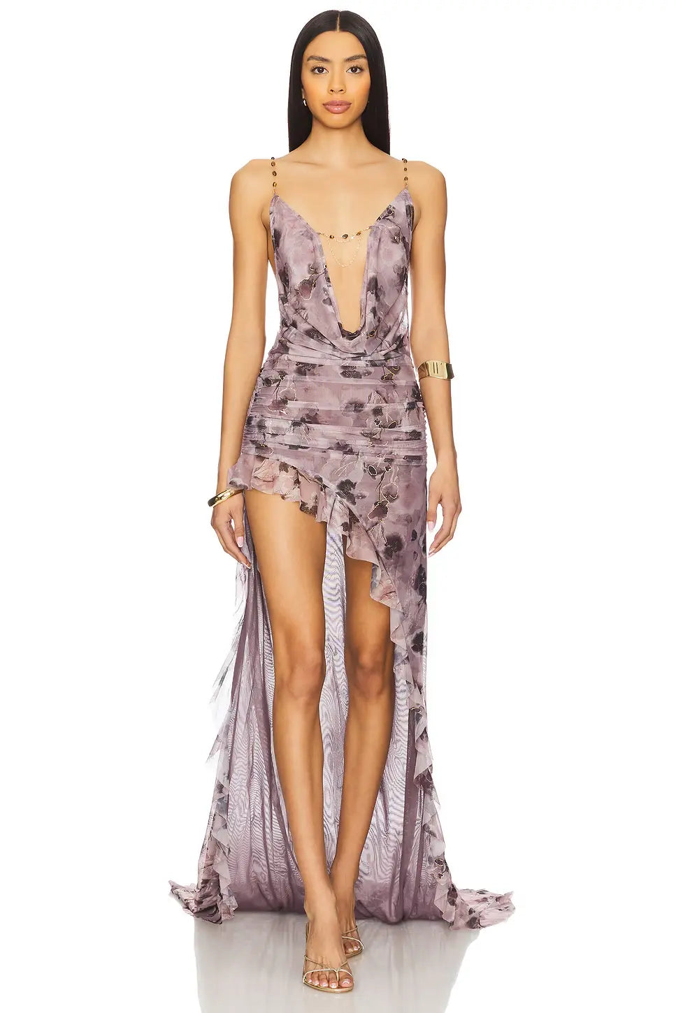 Printed Spaghetti Strap Cowl Neck Backless Asymmetrical Dress