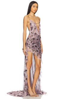 Printed Spaghetti Strap Cowl Neck Backless Asymmetrical Dress