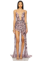 Printed Spaghetti Strap Cowl Neck Backless Asymmetrical Dress