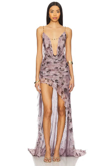 Printed Spaghetti Strap Cowl Neck Backless Asymmetrical Dress