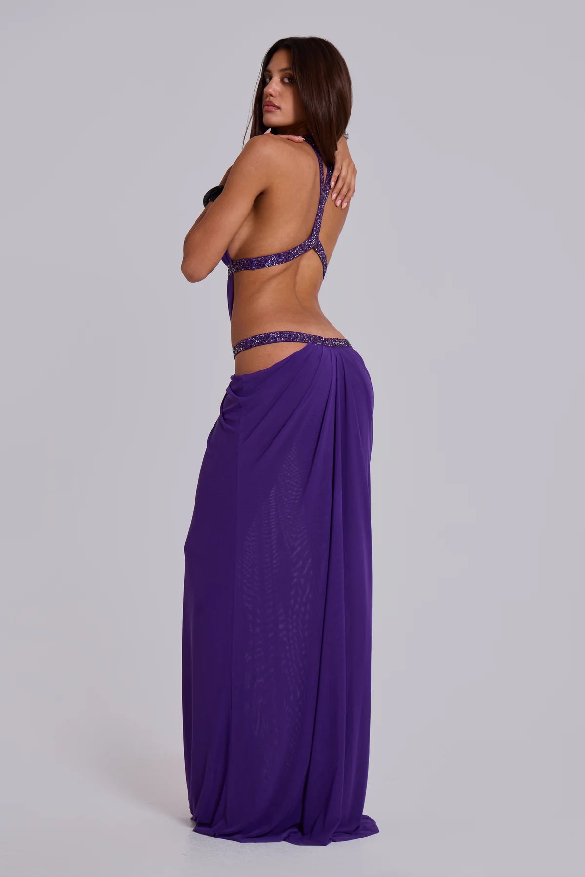 Crew-Neck Sleeveless Cutout Ruched Backless Purple Dress