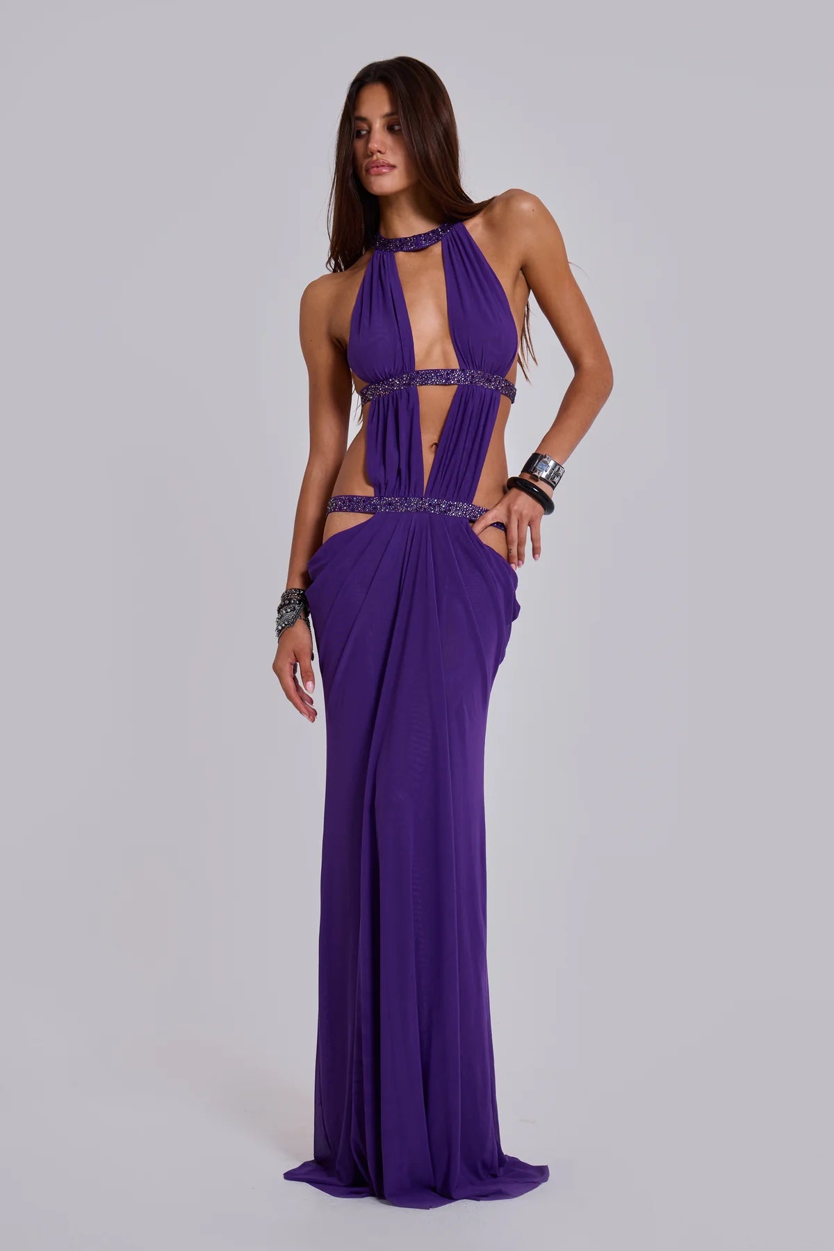 Crew-Neck Sleeveless Cutout Ruched Backless Purple Dress