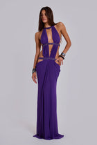 Crew-Neck Sleeveless Cutout Ruched Backless Purple Dress