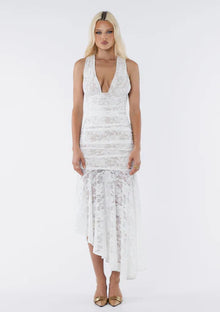 Deep V-Neck Sleeveless Asymmetrical Hem Lace Dress