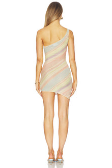 One-Shoulder Multicolor Striped Metallic-Thread Knit Mini Dress