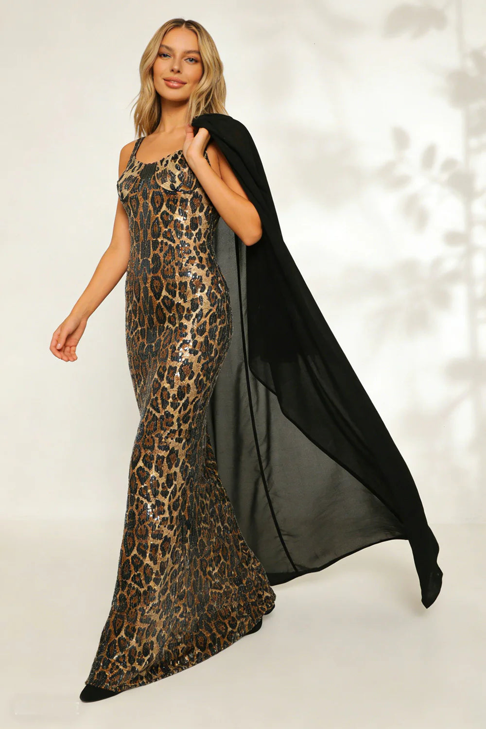 Two-Piece Sequin Leopard Spaghetti Strap Dress with Pullover Cape