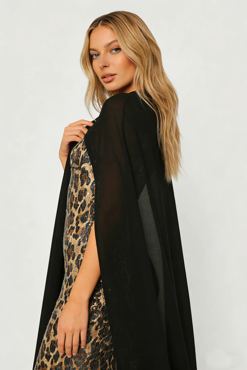 Two-Piece Sequin Leopard Spaghetti Strap Dress with Pullover Cape