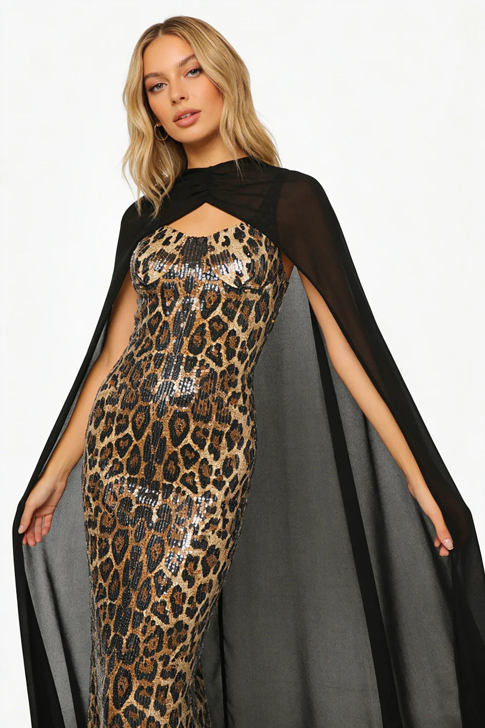 Two-Piece Sequin Leopard Spaghetti Strap Dress with Pullover Cape