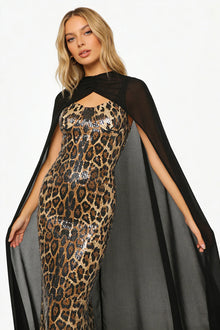 Two-Piece Sequin Leopard Spaghetti Strap Dress with Pullover Cape