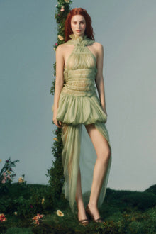 Halter Scarf-Style Backless Ruched Draped Crinkle Dress