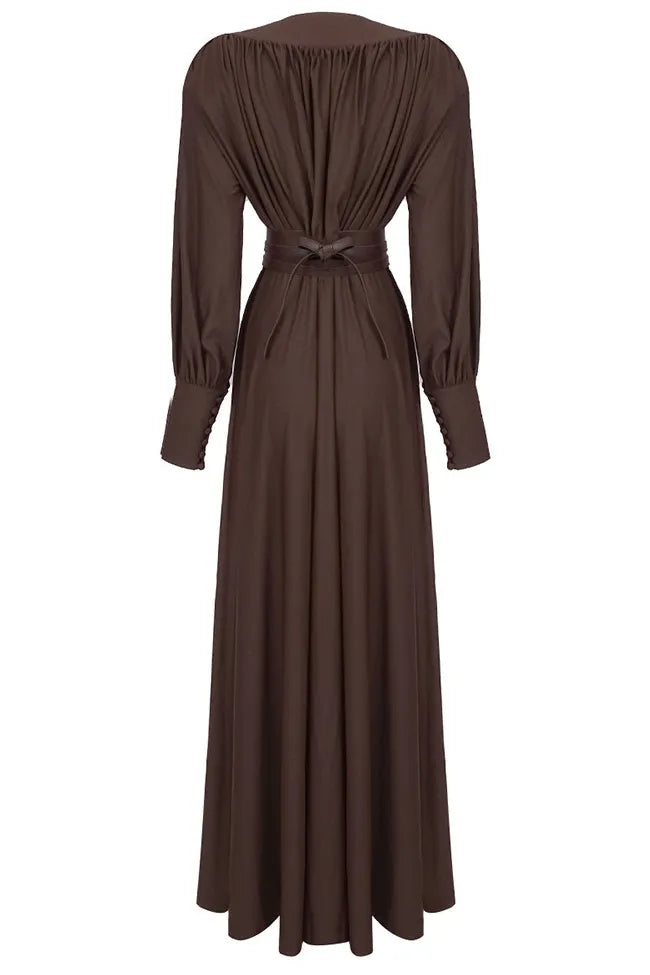 Deep V-Neck Lantern Sleeve Draped Pleated Dress