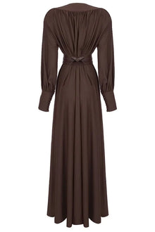 Deep V-Neck Lantern Sleeve Draped Pleated Dress
