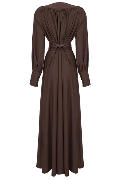 Deep V-Neck Lantern Sleeve Draped Pleated Dress