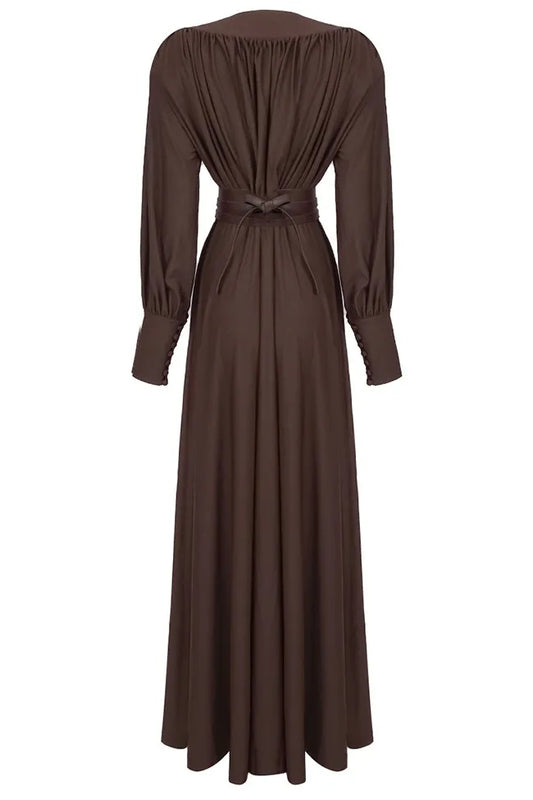 Deep V-Neck Lantern Sleeve Draped Pleated Dress